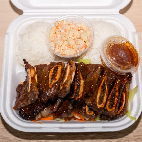 A takeout container with Hawaiian BBQ short ribs, white rice, macaroni salad, and dipping sauce.