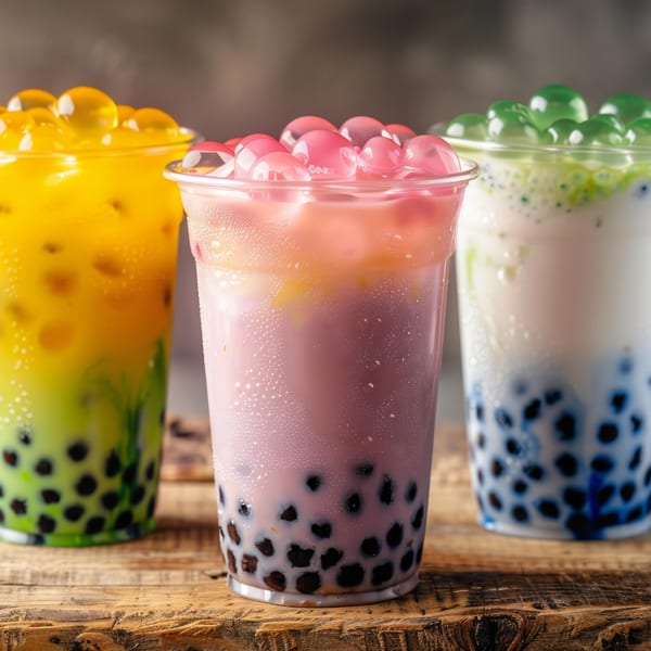 Three colorful bubble teas with tapioca pearls and popping boba on a wooden surface.