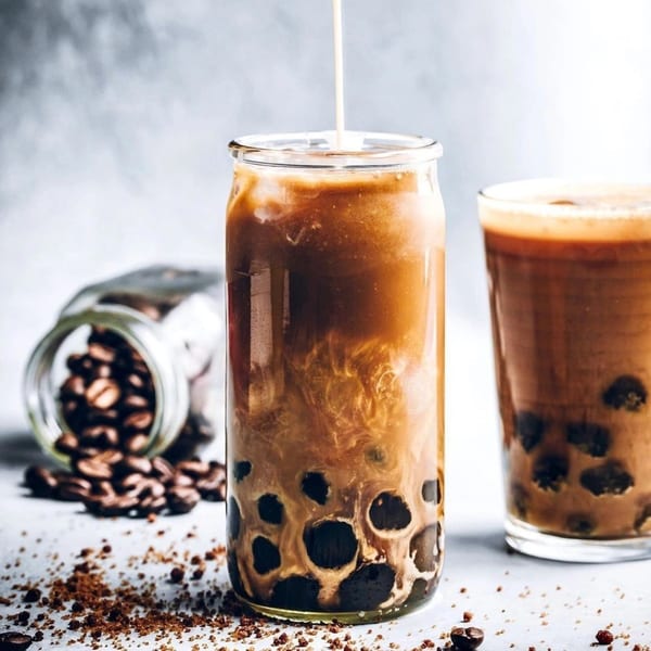 Creamy coffee boba tea being poured into a glass, with coffee beans scattered nearby.